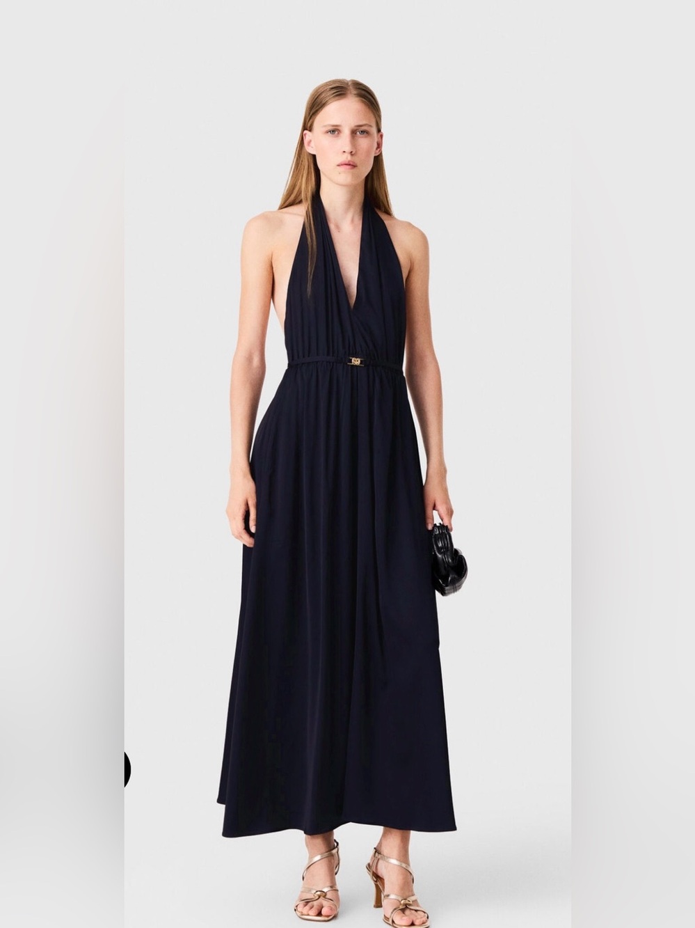 Maje Navy Halter Maxi Dress Open Back Gold Detail Size M